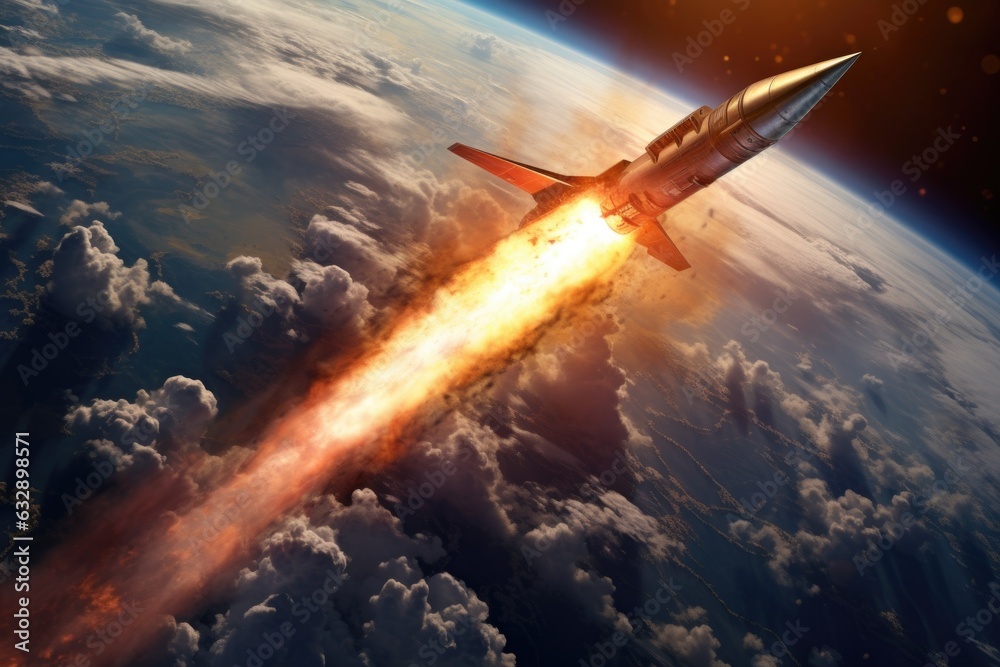 Obraz premium high-speed rocket leaving earths atmosphere