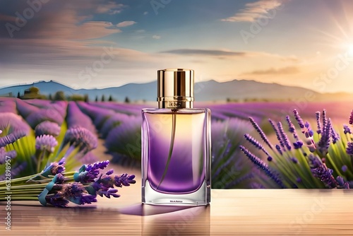 Transparent perfume bottle surrounded with lavender flowers for a beauty product showcase and presentation. AI generated illustration for a fragrance display with fresh and stylish background scene