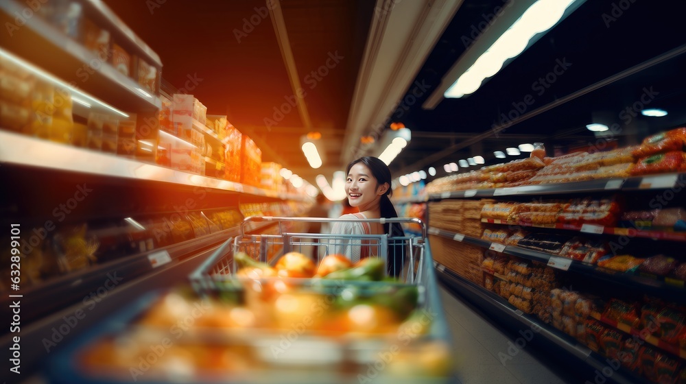 Young woman walking with a shopping cart in a department store with ease
