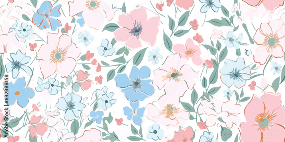 Beautiful seamless vector liberty pattern with gentle abstract flowers. Modern floral pattern. Collage contemporary seamless pattern. Hand drawn pattern