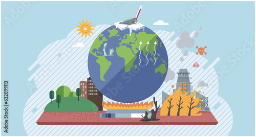 Climate change cycle as dried or dry cracked land suffering from drought. Industries create pollution and cities that affected by pollution. Metaphor climate change, global warming and water crisis