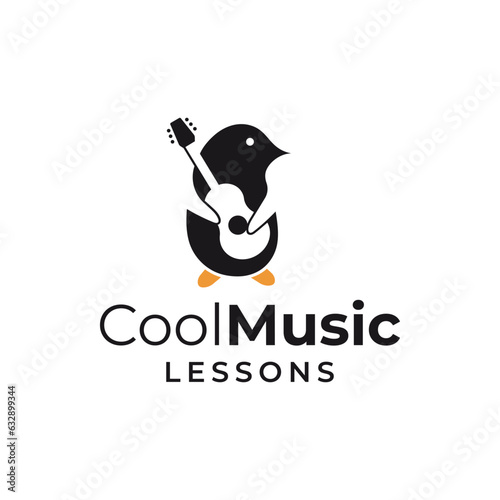 enguin and guitar combination logo character. It is suitable for use as a music course logo or something like that.