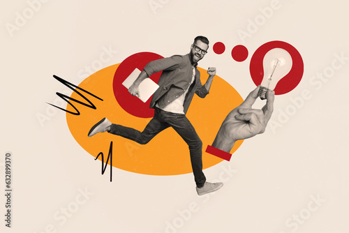 Composite photo collage of funny funky man running hold laptop have great idea for business isolated on creative drawing background