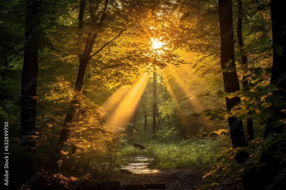 rays of golden sunset light illuminating the woods