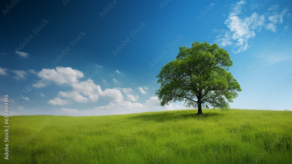 Green Field Tree Blue Sky great Background web, Ai Generate. Green Field Tree Blue Sky great Background web, Ai Generate.