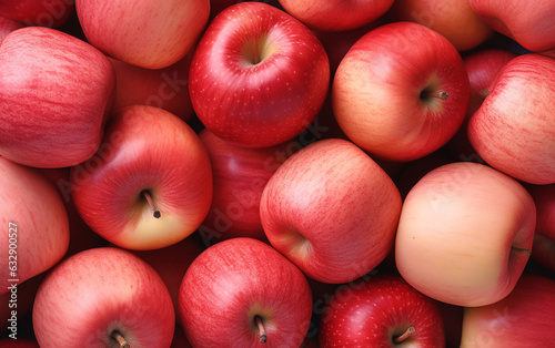 Top view of bright ripe fragrant pink lady apples background