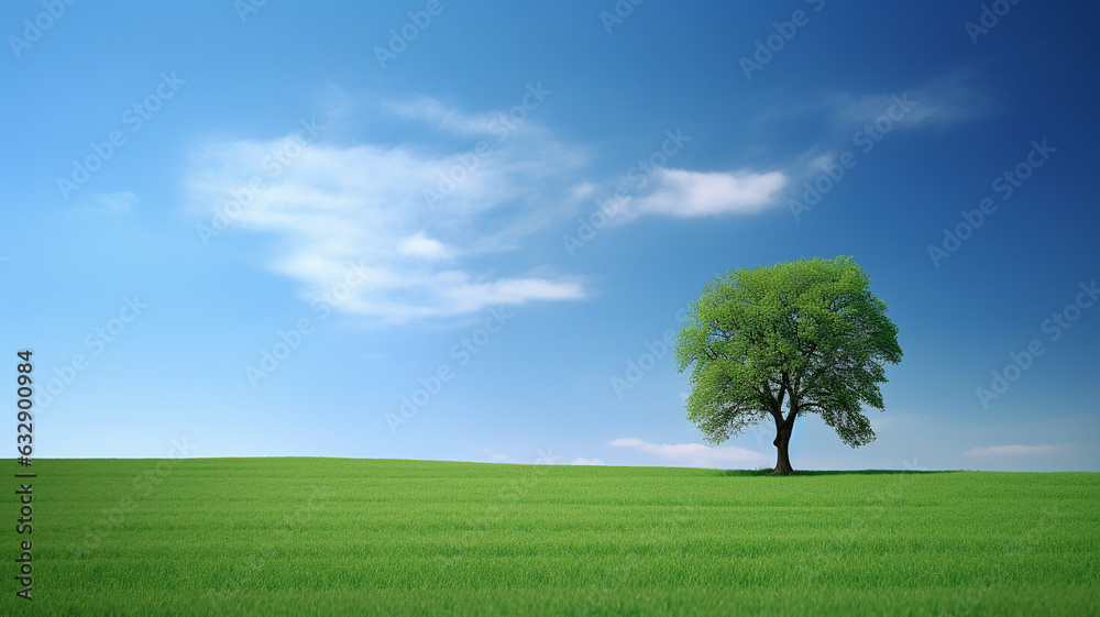 Beautiful landscape, Green Field Single Tree Blue Sky, Web Background, Ai Generate.