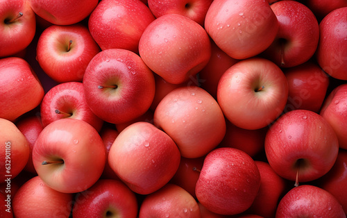Top view of bright ripe fragrant pink lady apples background