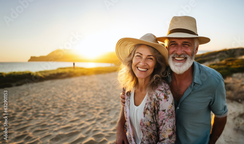 Couple d'une homme et d'une femme de 50-60 ans heureux et amoureux, souriant sur la plage avec un chapeau