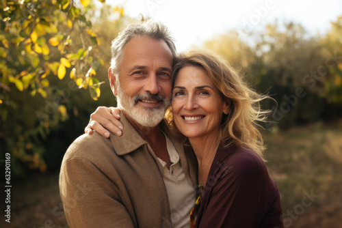 Couple d'une homme et d'une femme de 50-60 ans heureux et amoureux, souriant