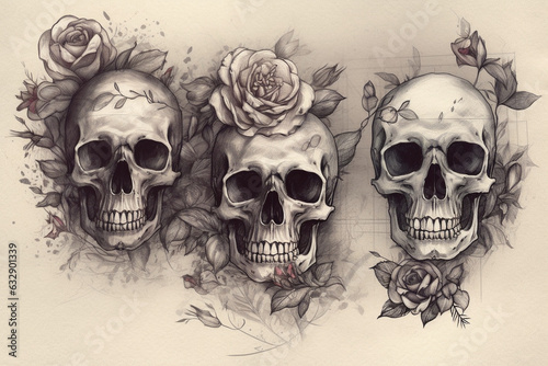 Skull and roses, Tattoo Sketches,  photo