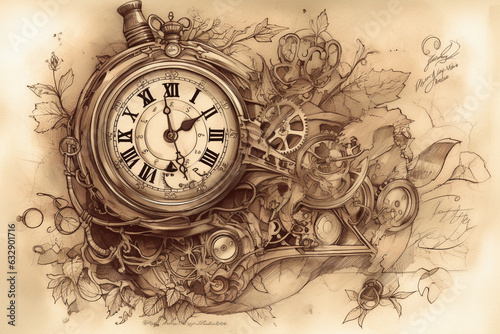 Steampunk clock, Tattoo Sketches, 