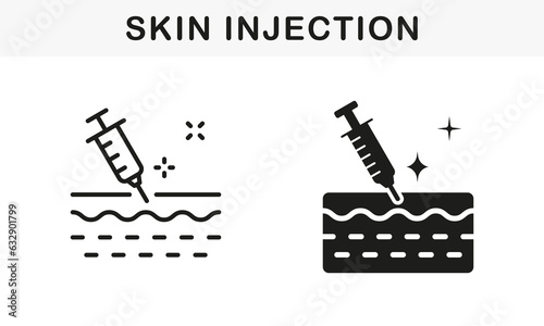 Vaccine, Filler, Hyaluronic Acid, Medical, Dermatology Treatment Symbol Collection. Skin Injection Line and Silhouette Icon Set. Syringe and Structure of Skin Pictogram. Isolated Vector Illustration