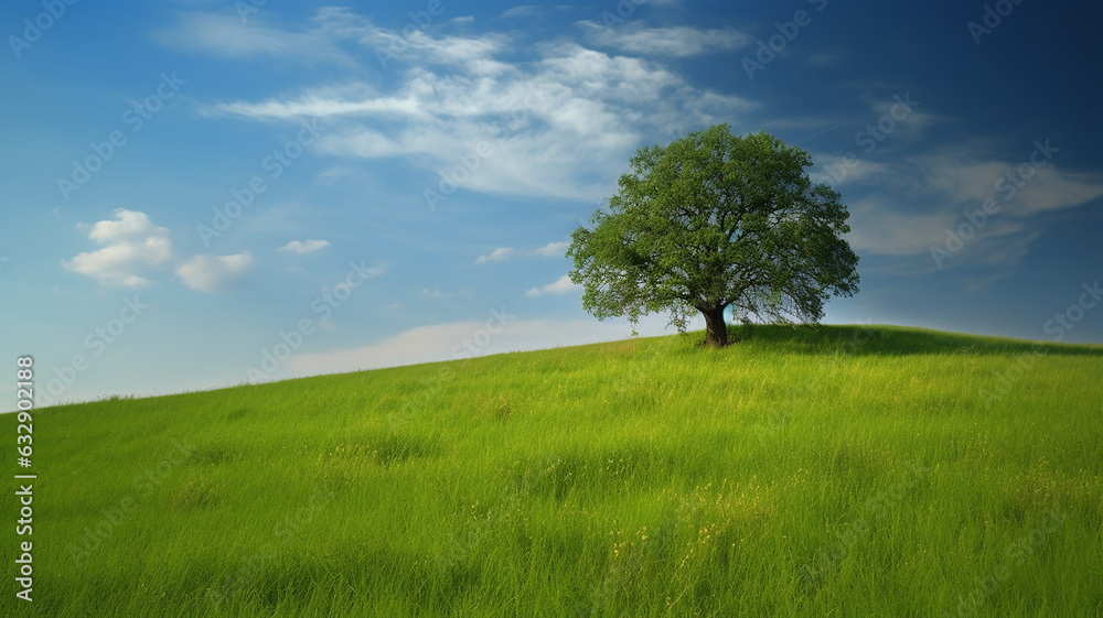 Beautiful landscape, Green Field Lonely Tree Blue Sky, Web Background, Ai Generate. Beautiful landscape, Green Field Lonely Tree Blue Sky, Web Background, Ai Generate.