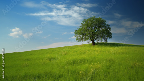 Beautiful landscape  Green Field Lonely Tree Blue Sky  Web Background  Ai Generate.