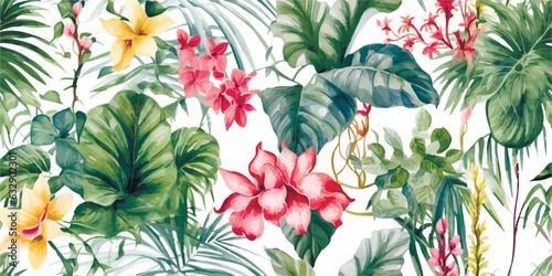 Beautiful vector seamless tropical floral pattern with hand drawn watercolor exotic jungle flowers. Modern floral pattern. Collage contemporary seamless pattern. Hand drawn pattern