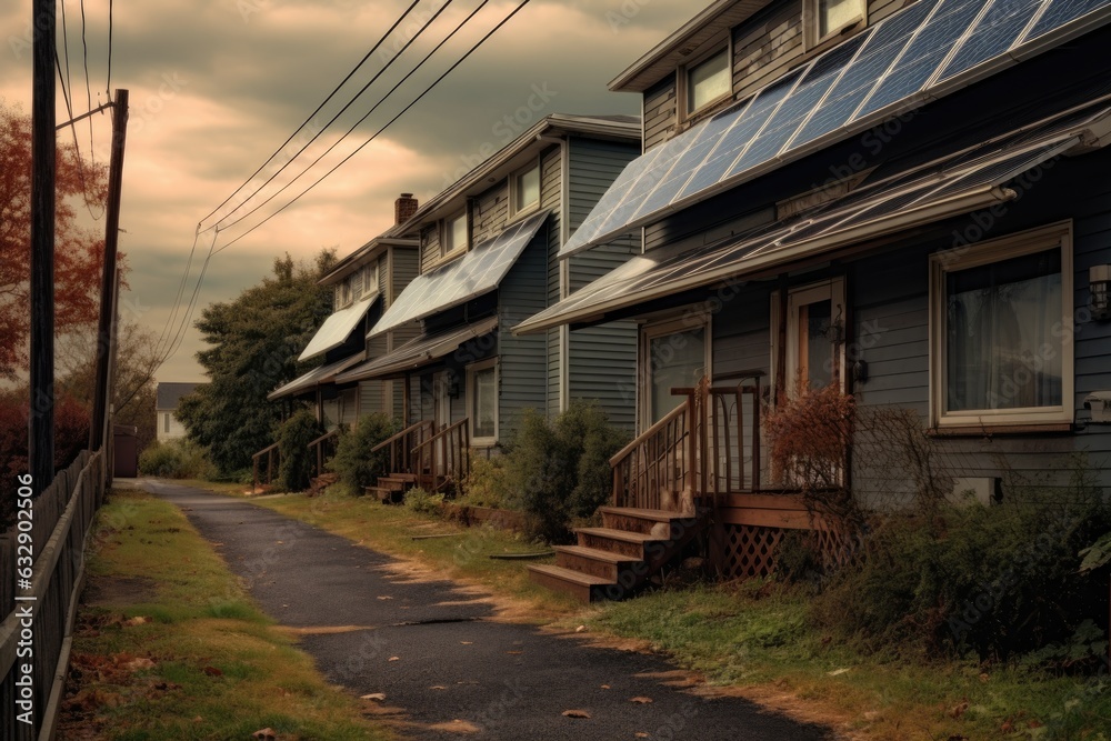 row of solar panels in a suburban neighborhood