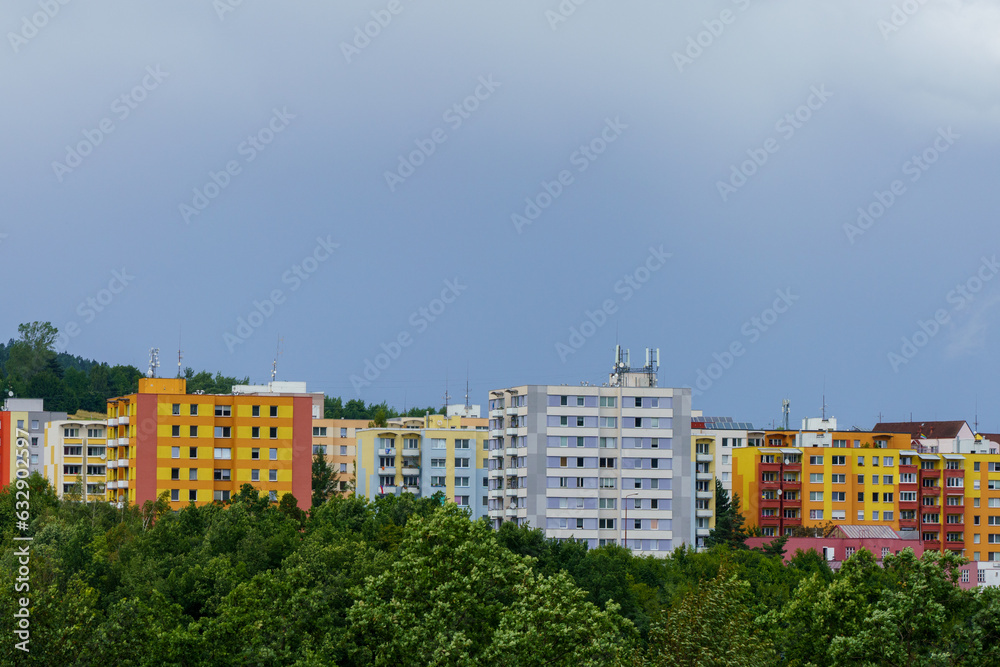 Modern, colorful panel houses, low-energy housing.