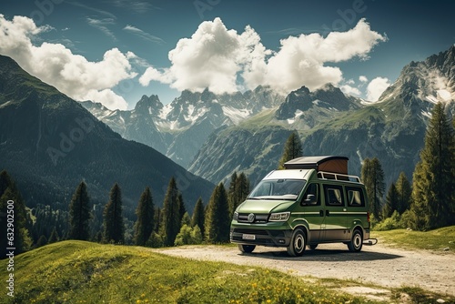 Camping in the mountains. Caravan car on the background of mountains