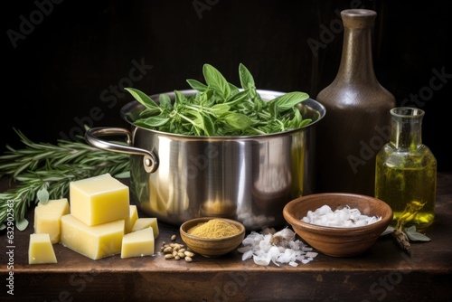 olive oil, herbs, and parmesan near saucepan