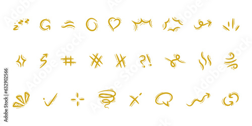 Hand drawn abstract scribble doodle comic effect manga elements set. Cartoon anime motion vector icons line art.