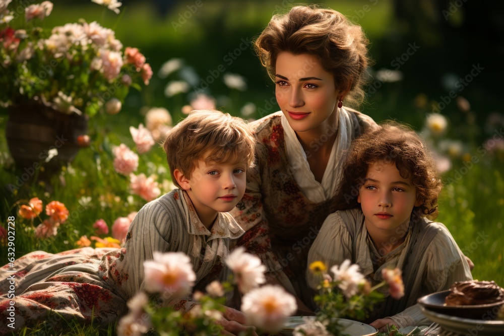 Mother And Her Children Having A Picnic, Generative AI Mother And Her Children Having A Picnic, Generative AI