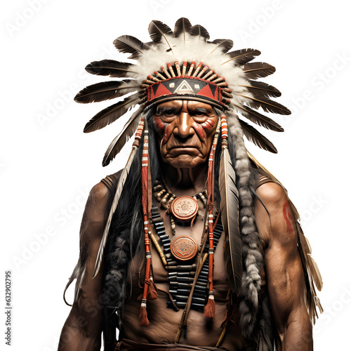 Portrait of tribal Indian warrior, native American tribe male isolated on transparent white background, mature man of ancient civilization
