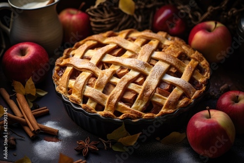 homemade apple pie with lattice crust and cinnamon sticks