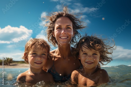  Mother And Her Kids Enjoying A Day At Beach, Generative AI © Shooting Star Std