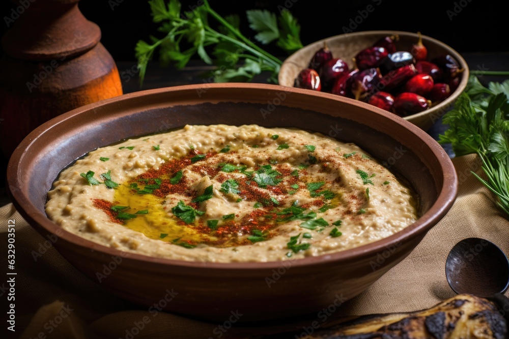 creamy baba ganoush in a serving bowl with olive oil drizzle
