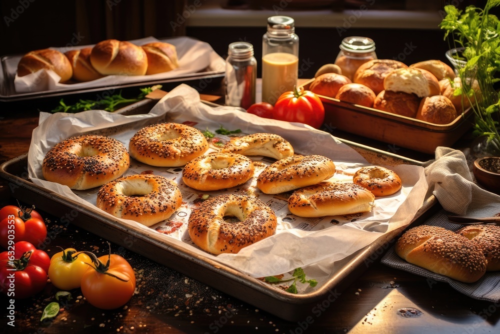 baking tray with parchment paper and raw bagels baking tray with parchment paper and raw bagels
