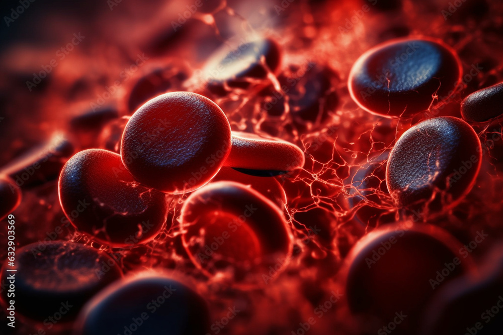 An image of blood cells flowing through a blood vessel, taken under a microscope, Circulatory system, bokeh  - obrazy, fototapety, plakaty 