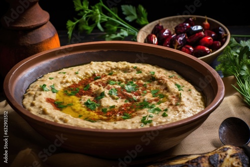 creamy baba ganoush in a serving bowl with olive oil drizzle