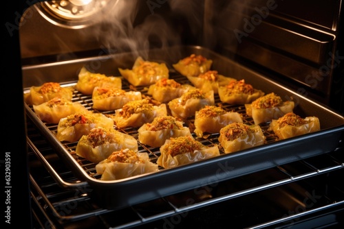 baking tray of baklava in a preheated oven photo