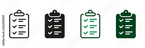 Clipboard Line and Silhouette Icon Set. Form, Checklist Black and Color Pictogram. Business Contract Symbol Collection. File with Check List Sign. Data Report. Isolated Vector Illustration