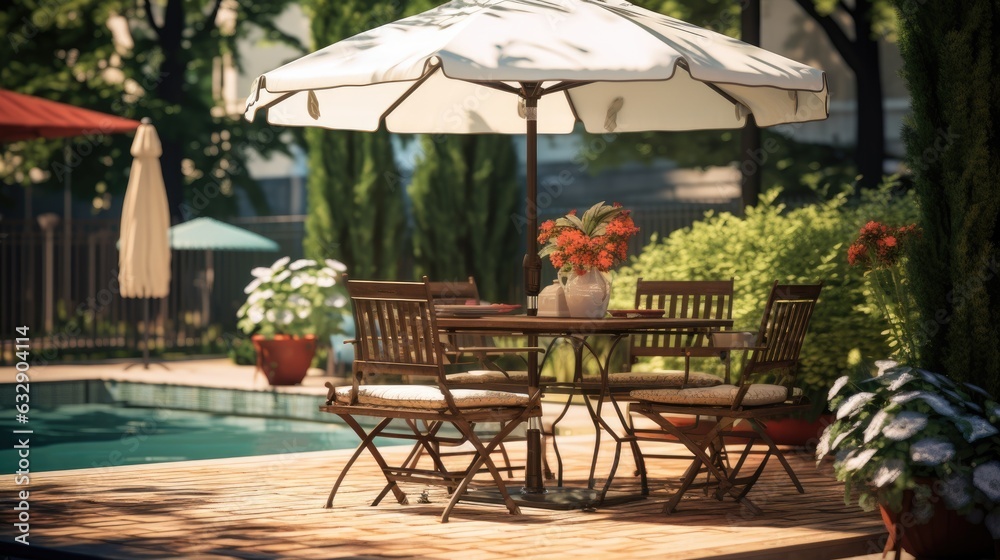 Obraz premium Cafe table with chair and parasol umbrella in the garden