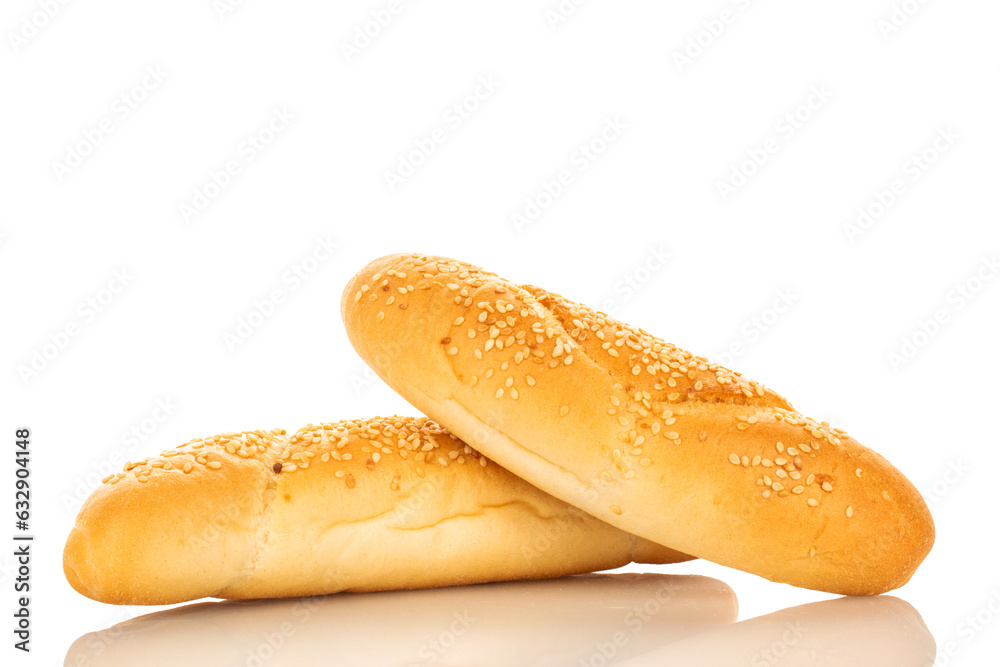 Two delicious fragrant bagels, close-up, isolated on white. Two delicious fragrant bagels, close-up, isolated on white.