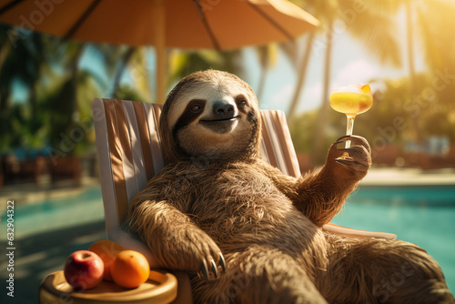 A funny sloth relaxes on a lounge chair by the pool, enjoying a tropical cocktail and the warm sun. Concept of relaxation and fun at an all-inclusive hotel resort