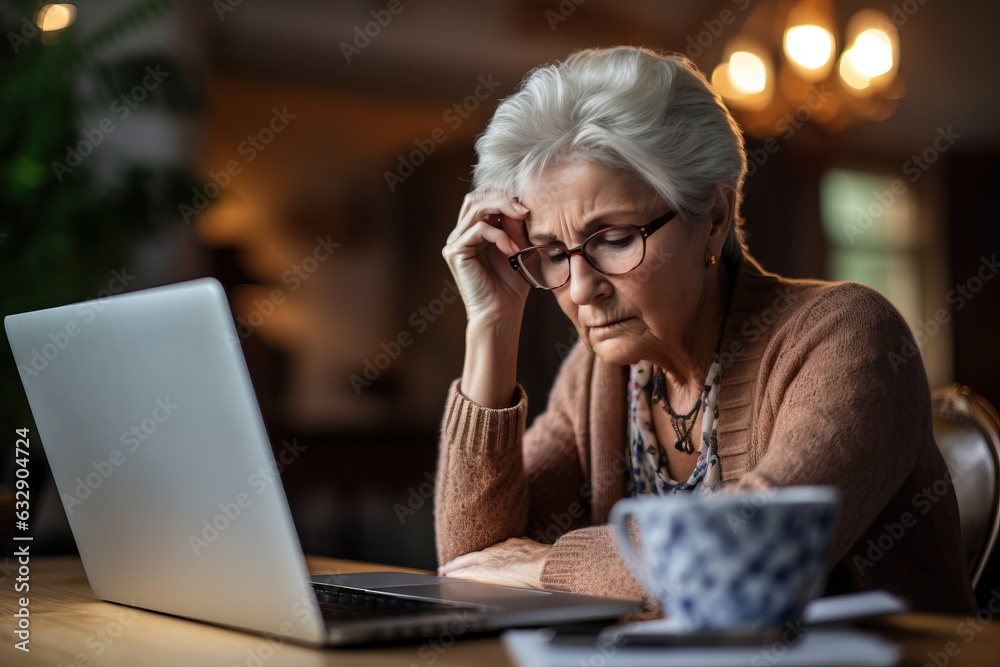 Tired senior woman with a headache using laptop at the home office and looking anxious. Tired senior woman with a headache using laptop at the home office and looking anxious.