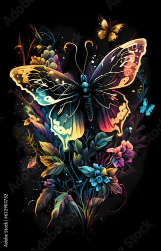 Graffiti illustration of colorful fluorescent neon butterfly in the garden full of flowers, on dark flouristic background photo