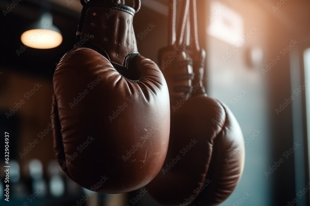 A pair of boxing gloves hanging from a hook in a gym, Sport, bokeh  - obrazy, fototapety, plakaty 