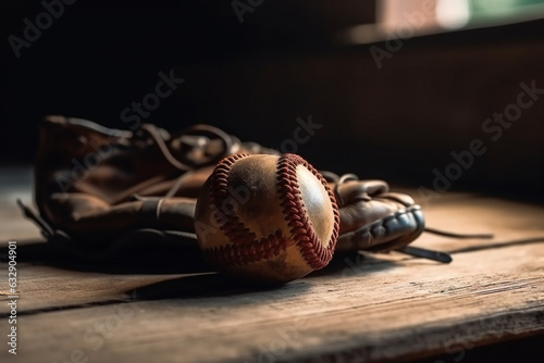 A baseball glove and ball sitting on a wooden bench, Sport, bokeh  photo