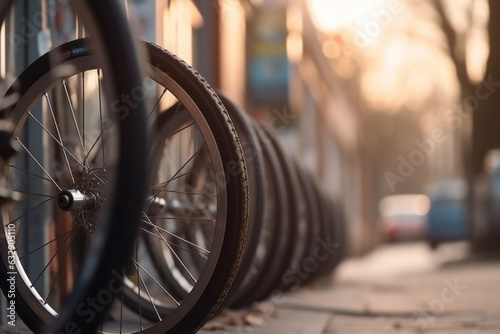 A row of bicycle wheels lined up outside a shop, Sport, bokeh  photo