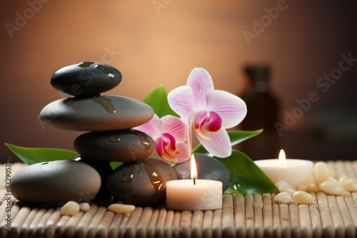Stones  candles and oils in the spa salon.