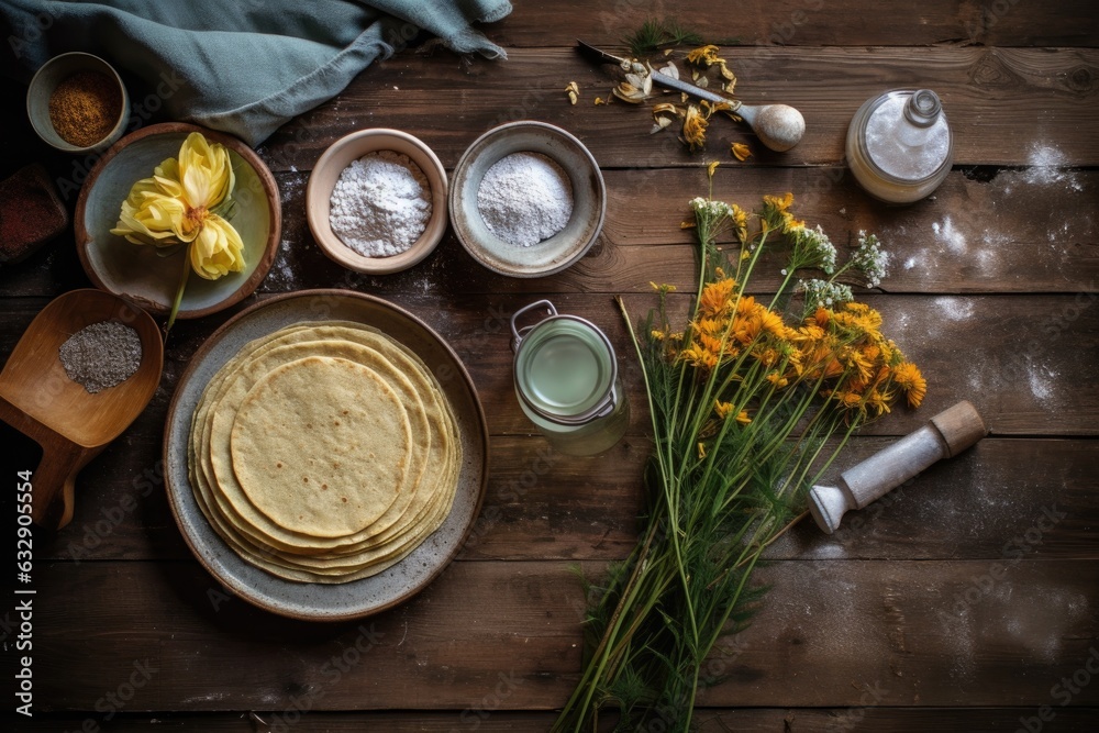 flat lay of crepe mix ingredients on a rustic table