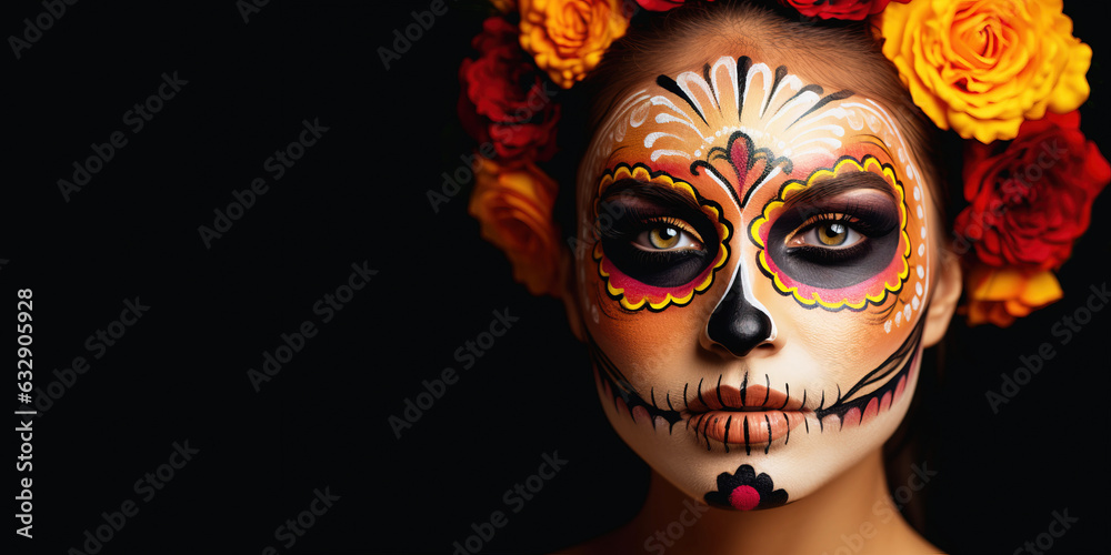 young woman with dia de los muertos or day of the dead sugar skull make-up and flower headdress