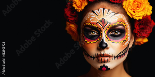 young woman with dia de los muertos or day of the dead sugar skull make-up and flower headdress