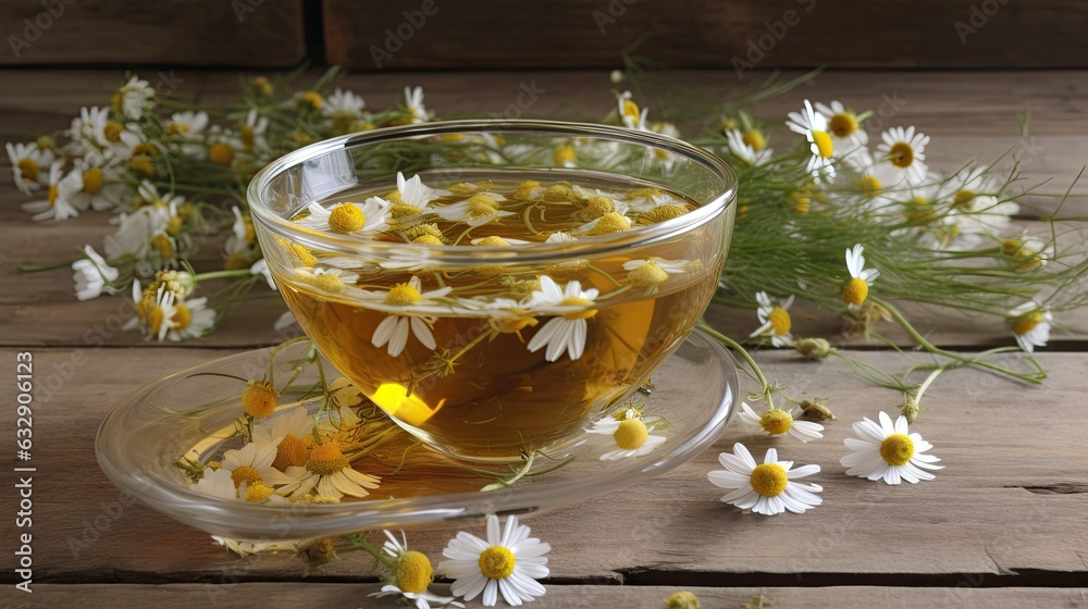 chamomile tea in a glass cup on a wooden table - created using generative AI tools chamomile tea in a glass cup on a wooden table - created using generative AI tools