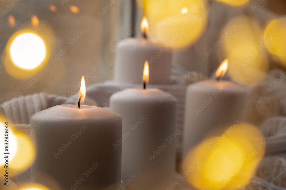 Bokeh light Home fragnance concept autumn holidays at cozy home on the windowsill Hygge aesthetic atmosphere on knitted white sweater. Still life of micro moment candid slow living. Mental health Bokeh light Home fragnance concept autumn holidays at cozy home on the windowsill Hygge aesthetic atmosphere on knitted white sweater. Still life of micro moment candid slow living. Mental health
