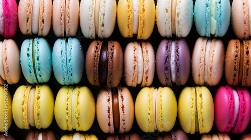 Colorful french macarons background, close up. Generative AI